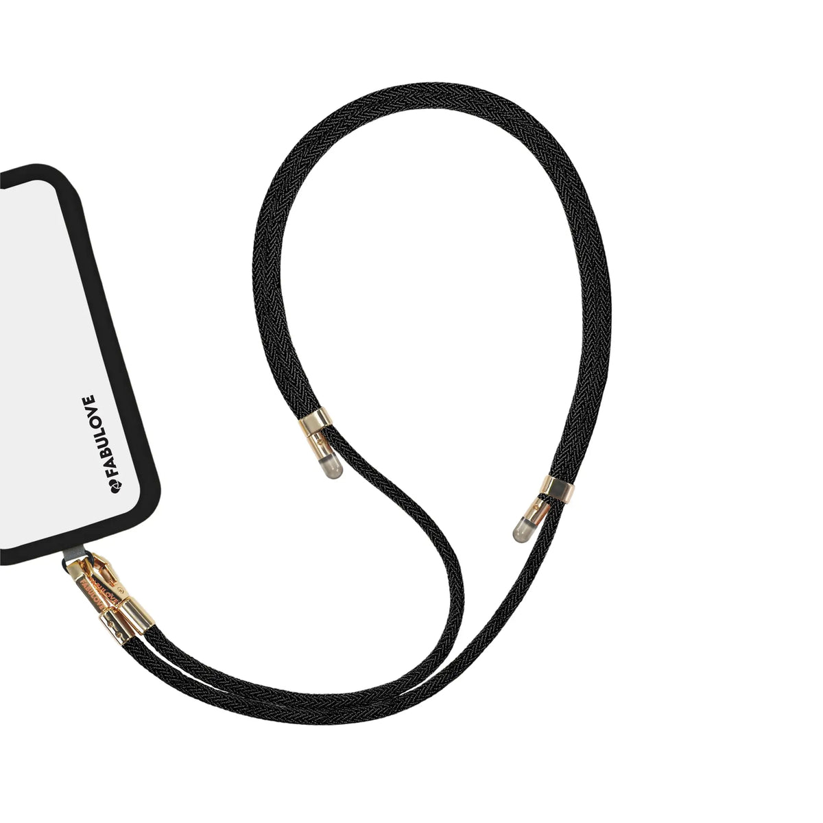 Adjustable black phone crossbody strap secured to iPhone charging port