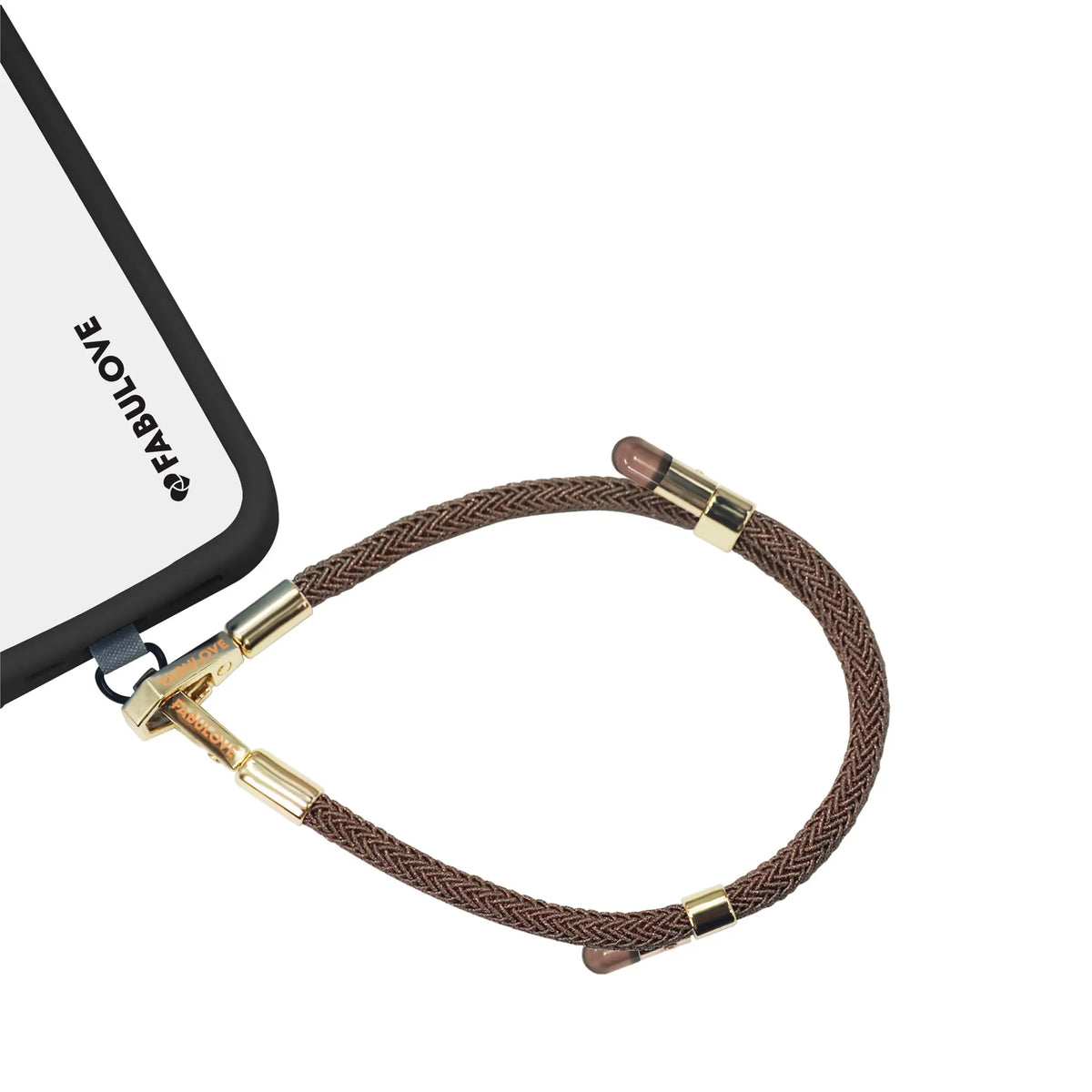 Adjustable Caramel Brown phone strap at iPhone charging port