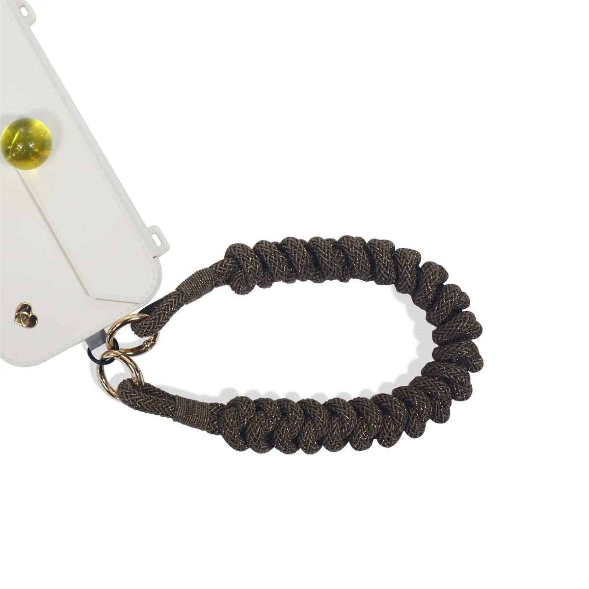 Wrist strap anchored to charging port for safety in caramel brown