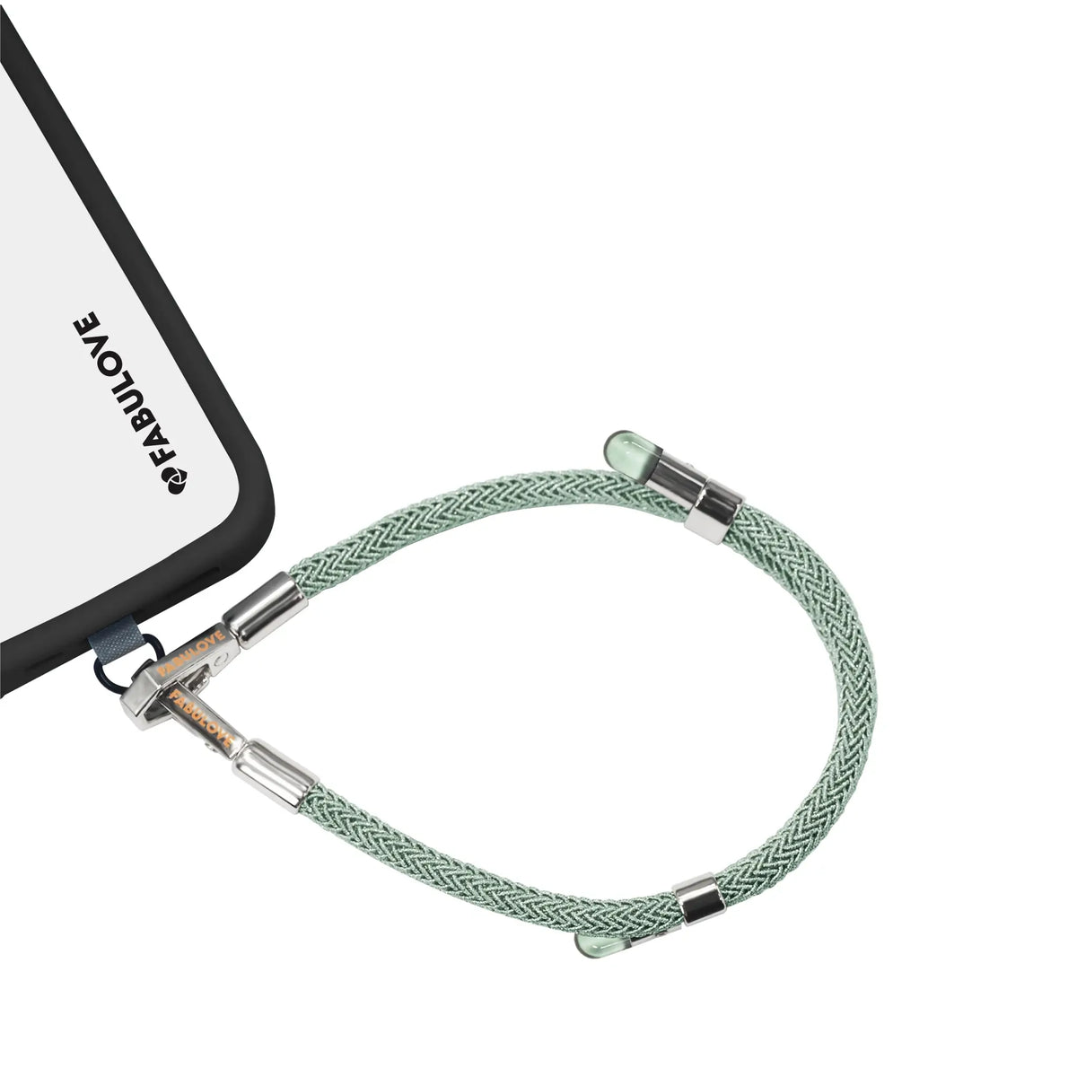 Adjustable mint green phone strap connected to iPhone charging port
