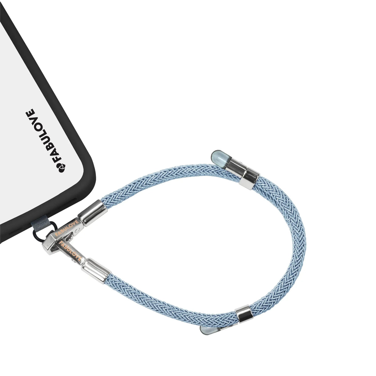 Adjustable peacock blue phone strap at iPhone charging port