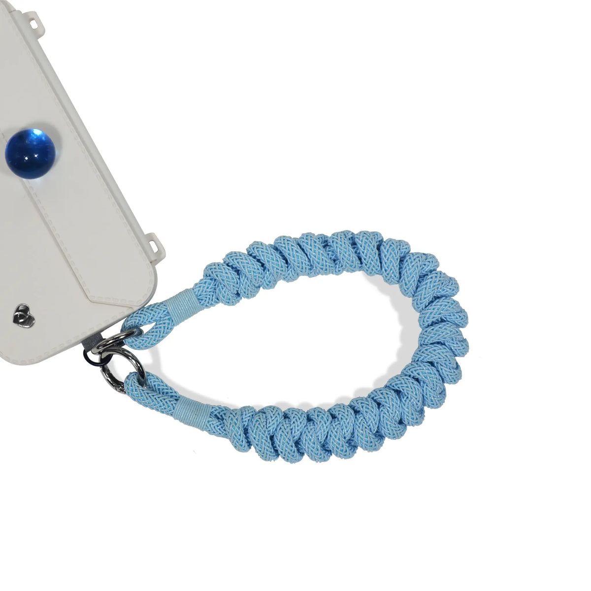 Wristlet safety strap secured through phone charging port in peacock blue