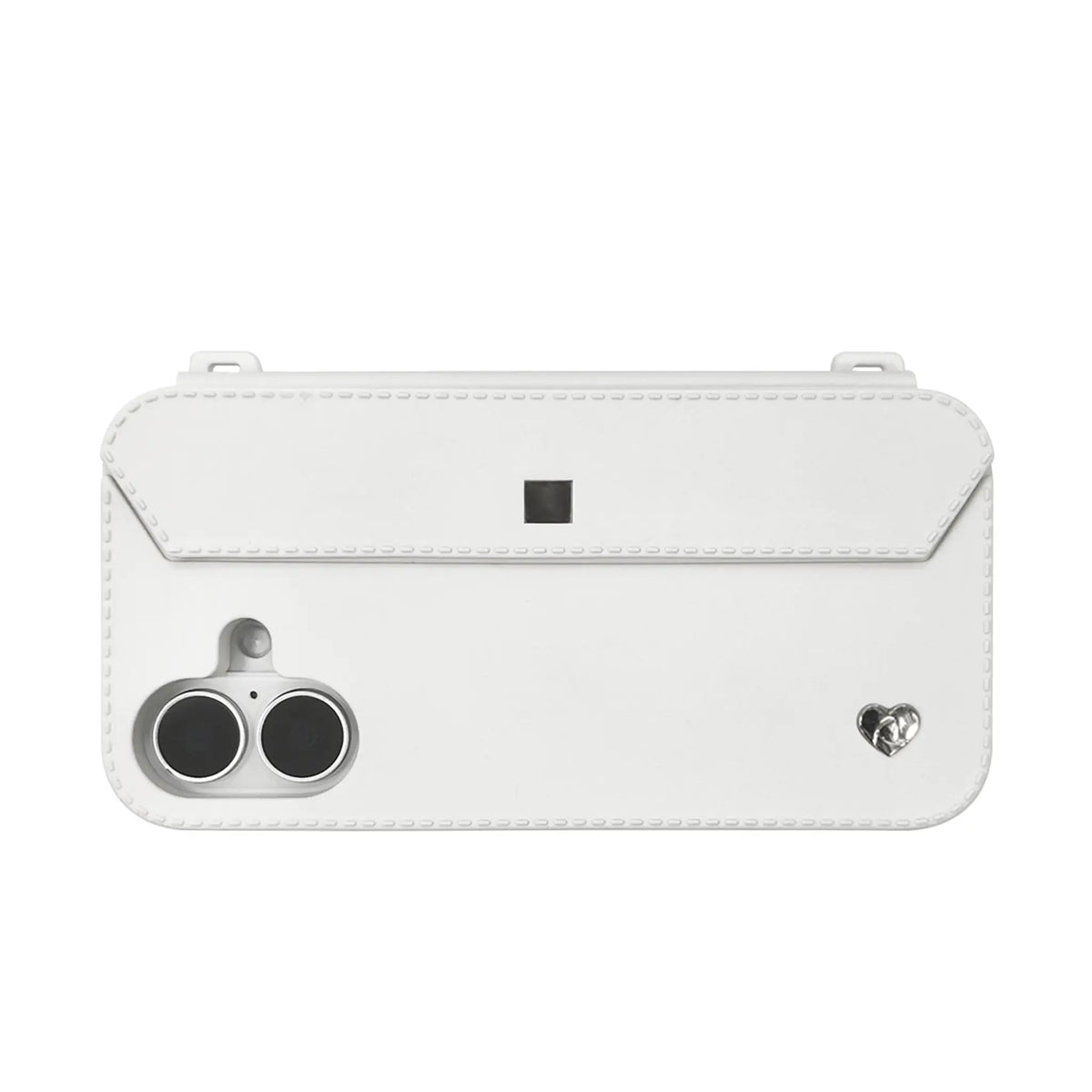 Sleek profile: Silver strap-ready ears on minimalist white iPhone 16 case with dual-camera guard