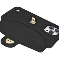 Open card slot holding business cards in black phone case