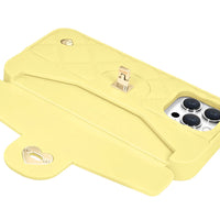 Open card compartment holding ID in yellow phone case