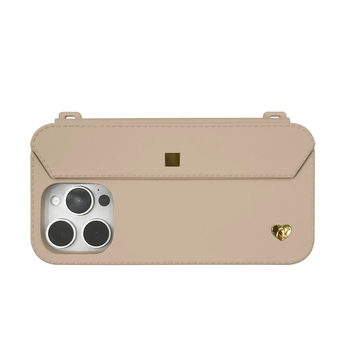 Fashion phone case for iPhone 16 Pro in warm Nude Beige with golden accent details.